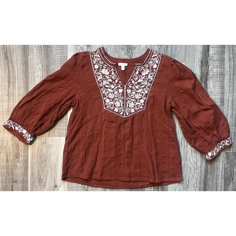 Garnet Hill Size Large Marilis Organic Cotton Embroidered Peasant Blouse Floral
